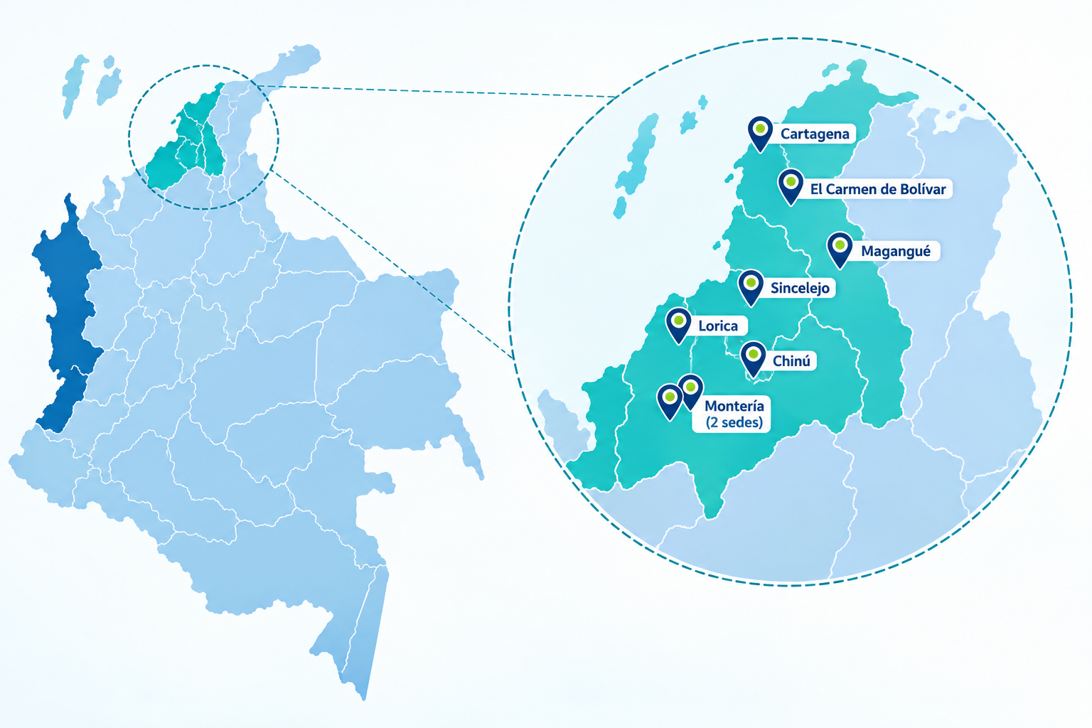 Mapa de Colombia con las sedes de Surgymax destacadas en Córdoba, Bolívar y Sucre